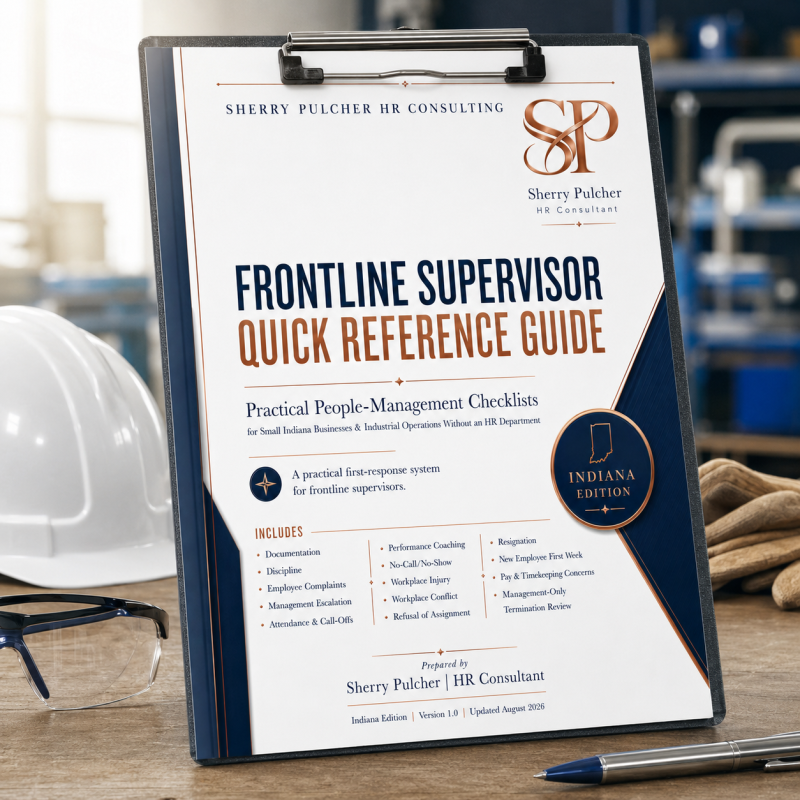 Frontline Supervisor Quick Reference Guide Indiana Edition on clipboard for small Indiana businesses